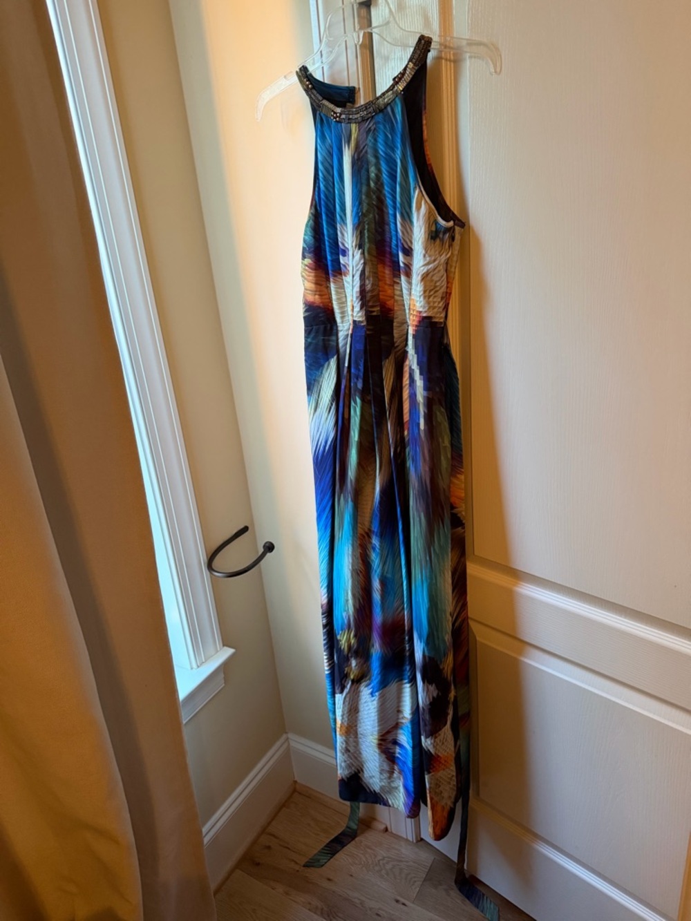Blue Multicolor Halter Maxi Jumpsuit with Beaded Neckline